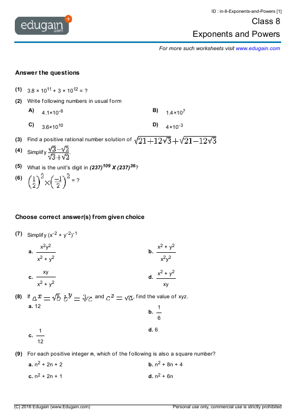Year 8 Exponents and Powers Math Practice Questions Tests